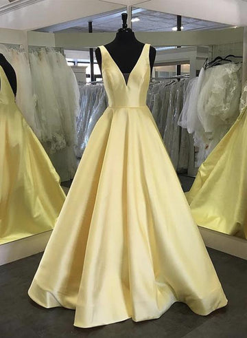 Yellow v neck satin long prom dress evening dress HZ1023